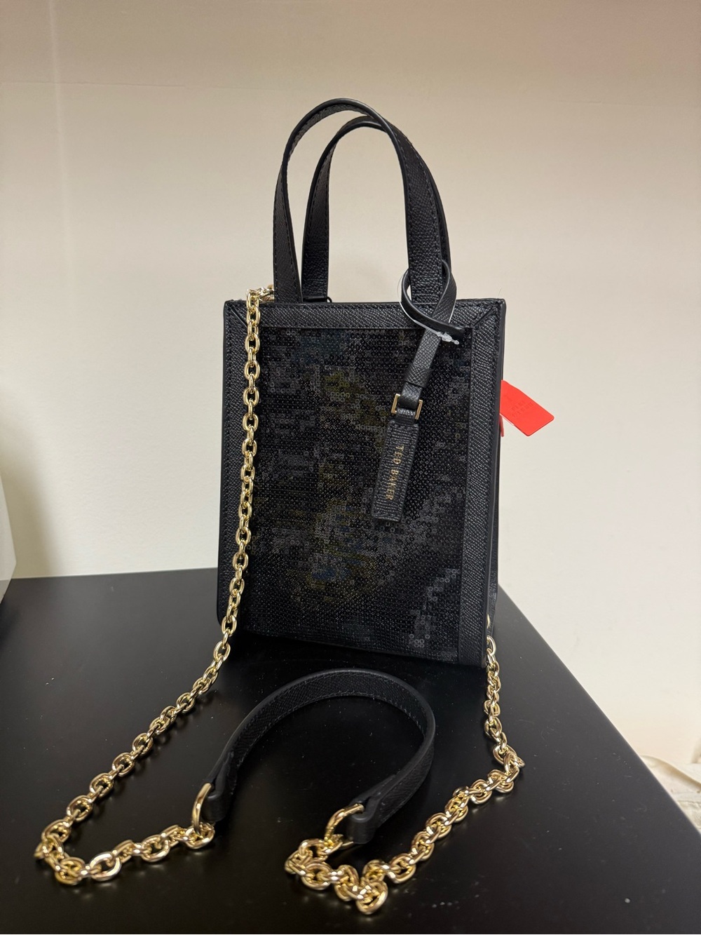 Ted Baker | “Emma June”: Black Sequin Mini Tote with Gold Chain Strap